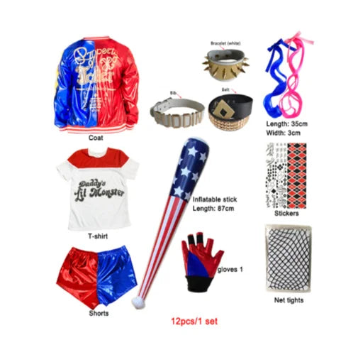 Harley Quinn kids cosplay costume set featuring jacket, shirt, shorts, accessories, and inflatable stick