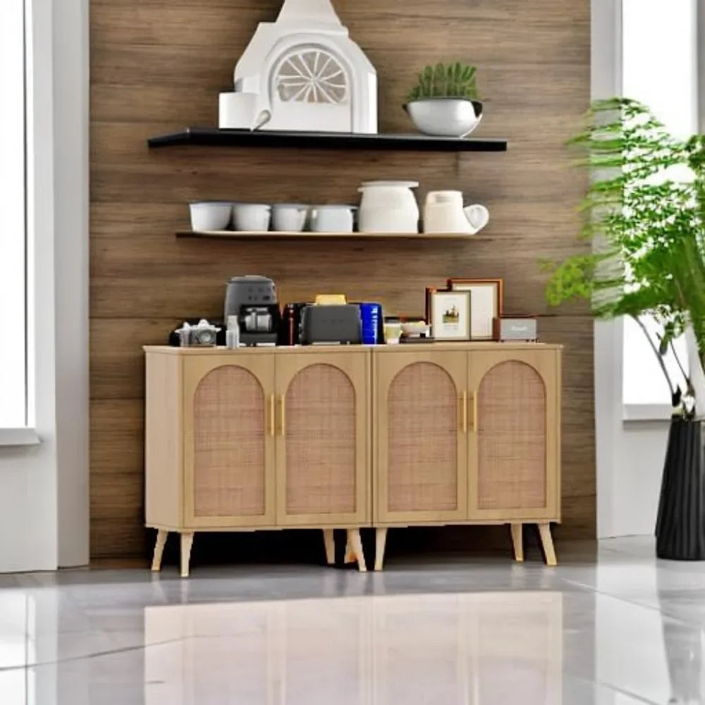 Set of 2 Rattan Storage Cabinet with Doors, Accent Bathroom Floor Cabinet, Modern Sideboard Buffet Cabinet for Living