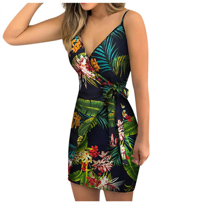 2023 New Sexy Suspender Dress Women Fashion Floral Printing Sleeveless V Neck Robe Summer Boho Tie Waist Dress Formal Dresses