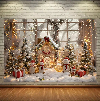 Christmas background with pine trees, gifts, deer, suitable for replacing cookies, candy theme family Christmas party decoration