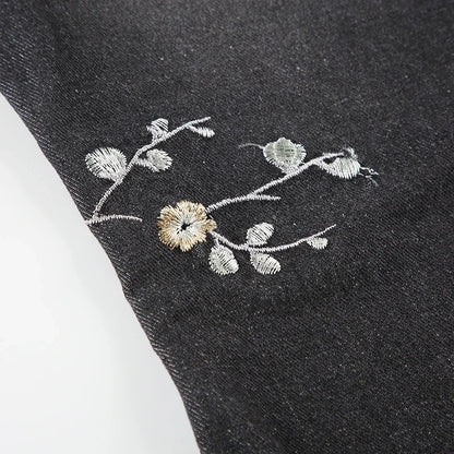 Weekeep Floral Embroidery Jeans Vintage 2000s Low Rise Flared Jeans Women Retro y2k Baggy Denim Pants High Street Basic Trousers