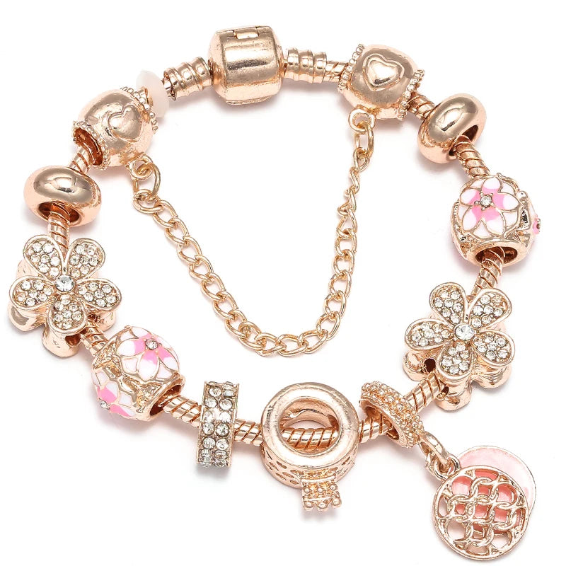 Spring Style Charms Bracelets For Women With Snake Chain Pink Daisy DIY Charms Beads Pendants Fashion Jewelry Dropshipping