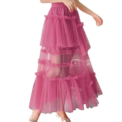 Skirts For Party 2024 Women's Long Summer Tulle Skirt Elegant High Waist Cocktail Party Wedding Flared Hem Dance Skirt for Girls