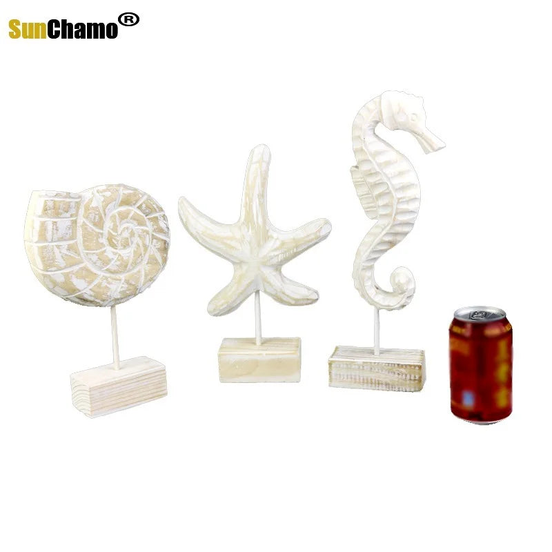 Mediterranean Style Home Decoration Accessories Wooden Crafts Starfish Conch Hippocampus Wood Carving Marine Living Room Decor