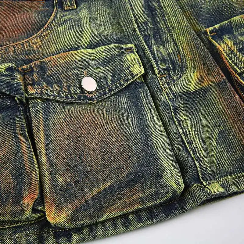 DEAT Women's Denim Skirts Tie-dye Green Irregular Spliced Multiple Pockets Cargo Mini Skirt 2025 Summer New Fashion 29L3411
