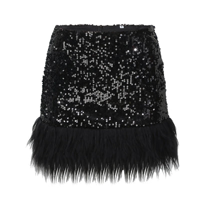 Mini Skirt For Hot Girl Women'S High Waist Sequin Feather Patchwork Wrap Hip Bodycon Mini Skirt Party Club Skirts With Zipper