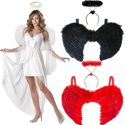 EtherealBe angel wings halo costume set with white, black, and red wing options for a striking Halloween look