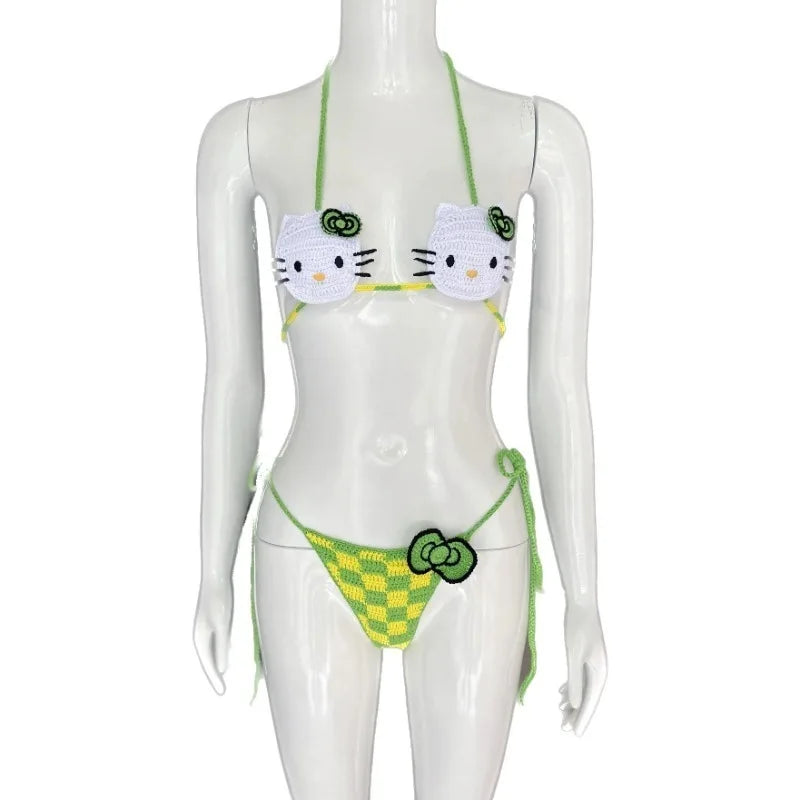 Cute Crochet Bikini Set 2 Pieces Lady's Bathing Suits Sexy Micro Bikinis Ties Swimsuit Thong Swimwear Kwaii Womens Swimming Suit