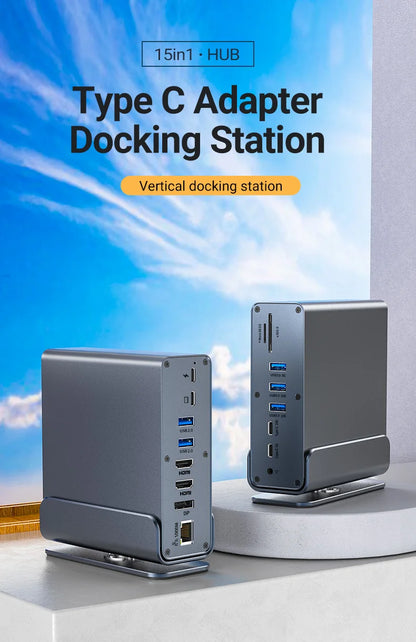 15 In 1 USB-C Docking Station，Type-C 4K60Hz HUB With HDTV*2+PD 100W+USB 2.0/3.0+SD+TF+RJ45 Ethernet+3.5 mm Audio+VGA For Laptop