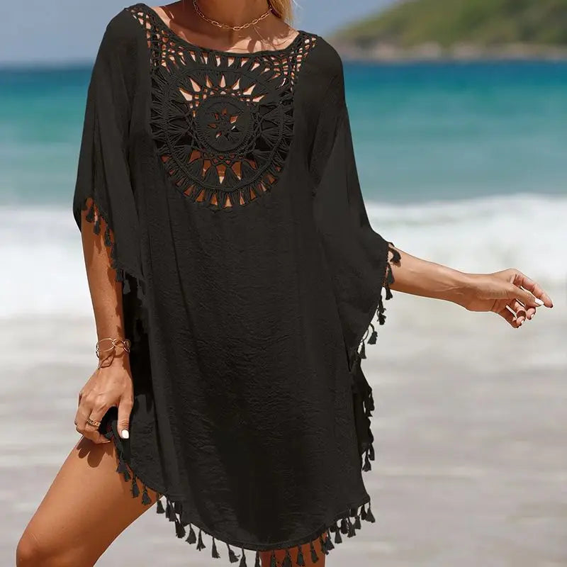 Women Casual Bohemian Holiday Outfits Beachwear Bikini Cover Up Summer Solid Color Hollow Out Beach Dress