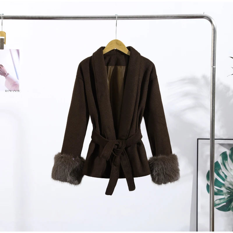 2025 Chic Lapel Plush Coat With Belt Women Vintage Solid Faux Fur Sleeve Tweed Open Coats Female Autumn Casual Street Outwear