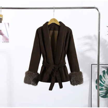 2025 Chic Lapel Plush Coat With Belt Women Vintage Solid Faux Fur Sleeve Tweed Open Coats Female Autumn Casual Street Outwear