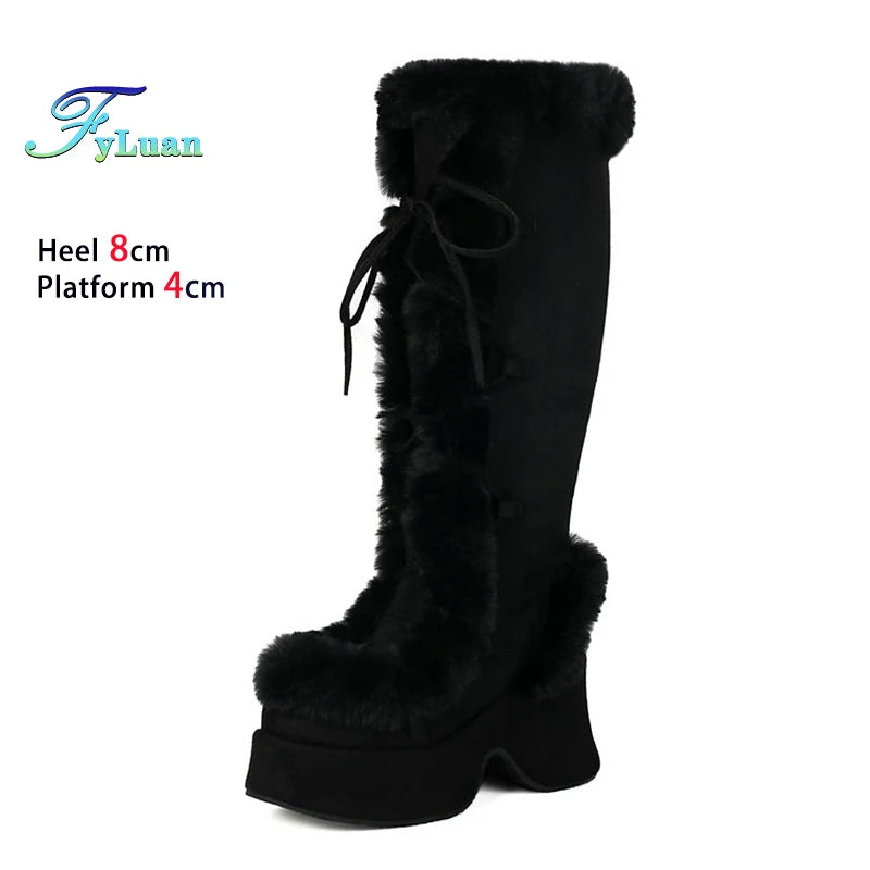 8CM Chunk Heels Winter Warm Knee High Boots Women Snow Short Plush Platform Boots Faux Fur Cosplay Lace-up Long Shoes Size 34-43