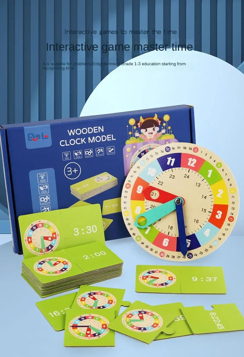 Wooden Clock Model Teaching Aid Montessori Learning Clocks with Cards Kindergartner Toy for Game Interaction Playroom Wall