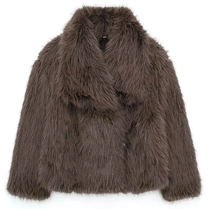 HH Winter Women Elegant Warm Plush Coat Turn-Down Collar Thick Cardigan Coat Female Pocket Long Sleeve Short Outerwear Mujer