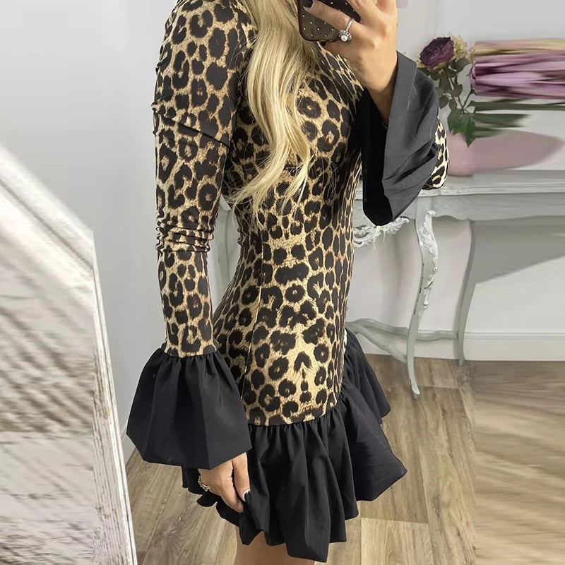 Women's Leopard Print Mini Dress, Elegant Flared Sleeve, Slim Party Dress, Office Casual Short Dress, New Fashion, 2024
