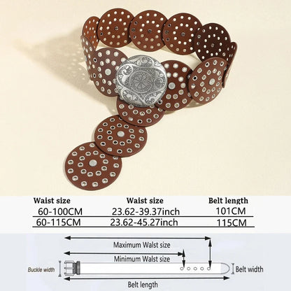 Women's Western Denim Belt High Quality Metal Hollow Ladies Trend Wide Waistband Vintage Personalized Round Belts DT148