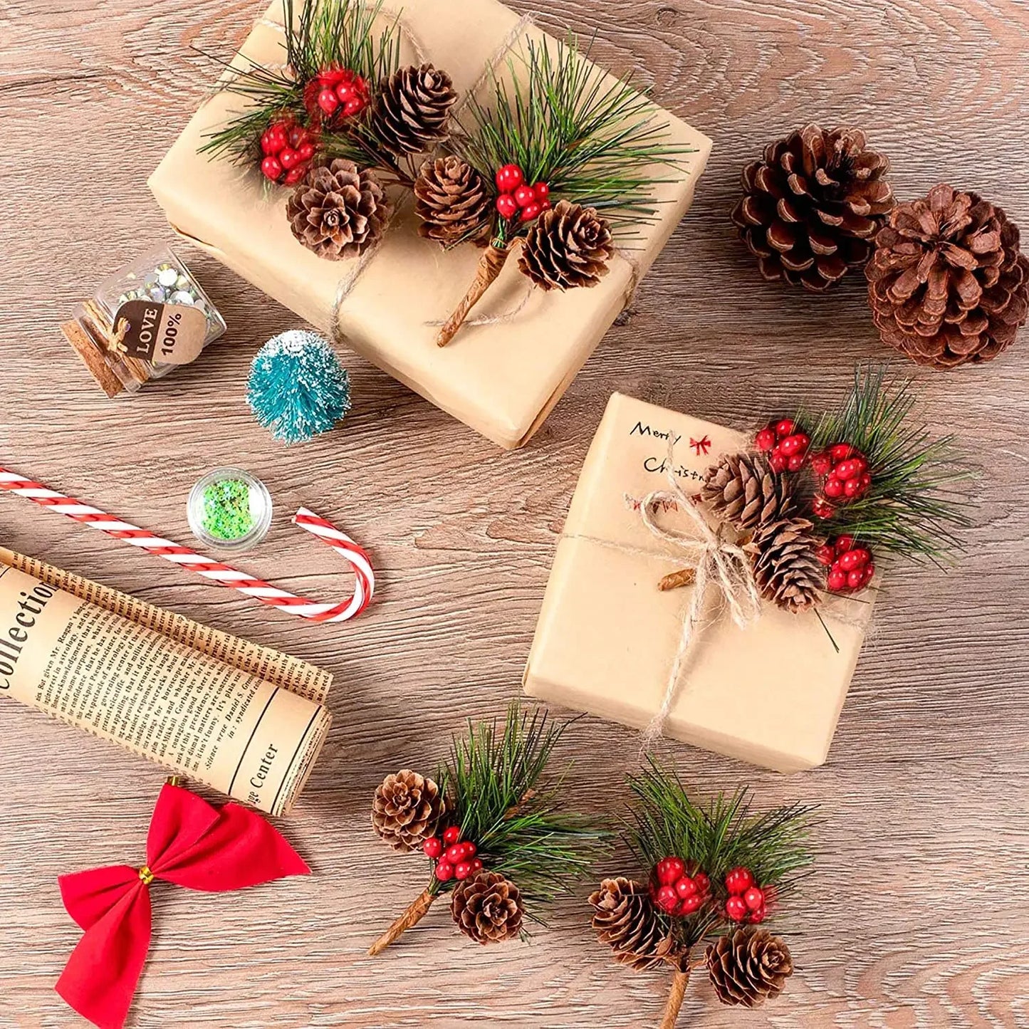 10Pcs Christmas Mini Pinecones Pine Needles Branches with Artificial Red Berry Stems for Xmas Tree Garland DIY Craft Gifts Decor