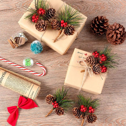 10Pcs Christmas Mini Pinecones Pine Needles Branches with Artificial Red Berry Stems for Xmas Tree Garland DIY Craft Gifts Decor
