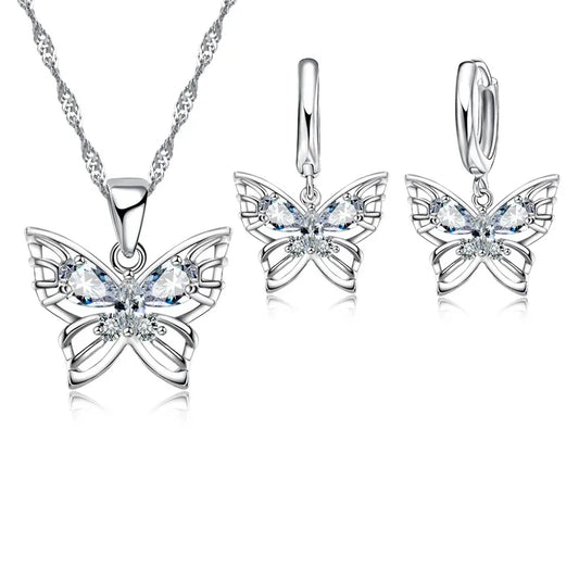 New Fashion 925 Sterling Silver Color Jewelry Sets Shining Austrian Crystal Inlaid Butterfly Wedding Pendant Necklace Earrings