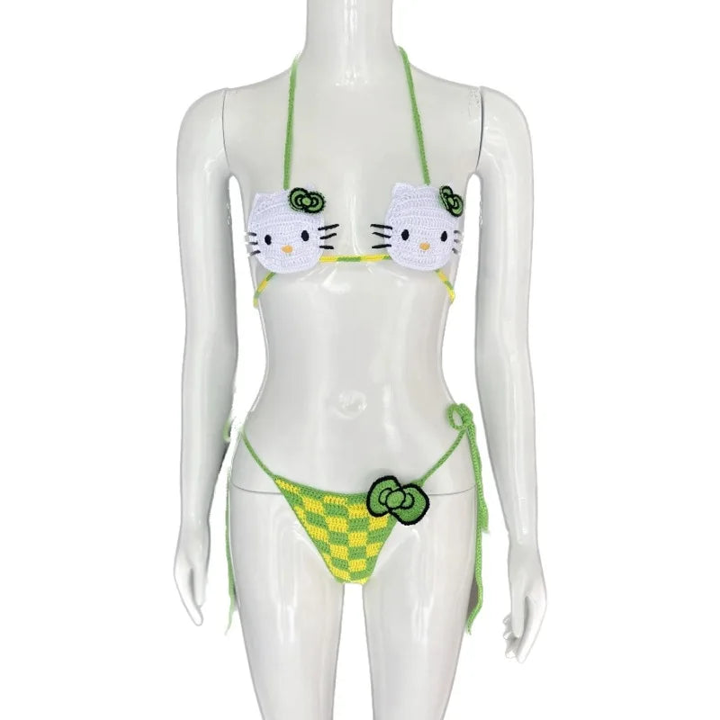 Cute Crochet Bikini Set 2 Pieces Lady's Bathing Suits Sexy Micro Bikinis Ties Swimsuit Thong Swimwear Kwaii Womens Swimming Suit