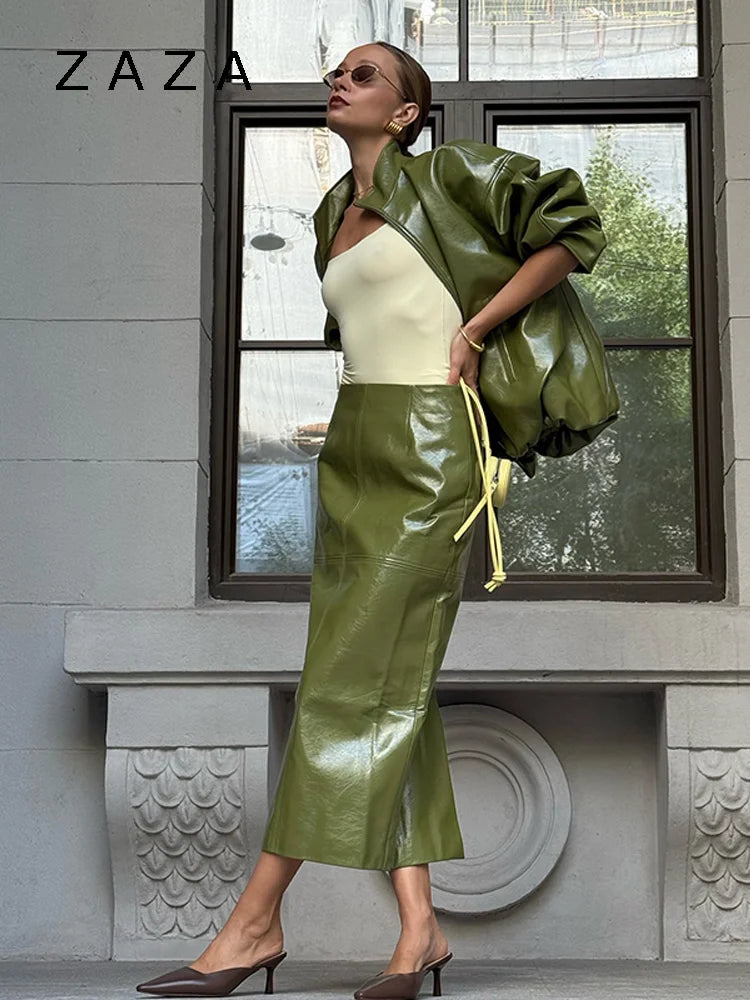 Vintage Solid Pu Leather Jacket Skirt Set High Neck Coat Slim Fit Long Skirt Coats Skirt Sets 2025 New Autumn Winter Lady Outfit