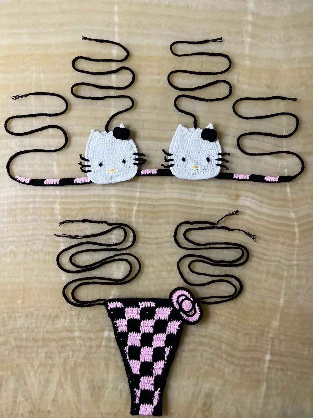 Sanrio Crochet Bikini Set Cute Girls Swimsuits Hello Kitty Sexy Bathing Suit Micro Ties Bikinis Beachwear Women Swimming Suit
