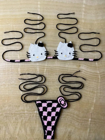 Sanrio Crochet Bikini Set Cute Girls Swimsuits Hello Kitty Sexy Bathing Suit Micro Ties Bikinis Beachwear Women Swimming Suit