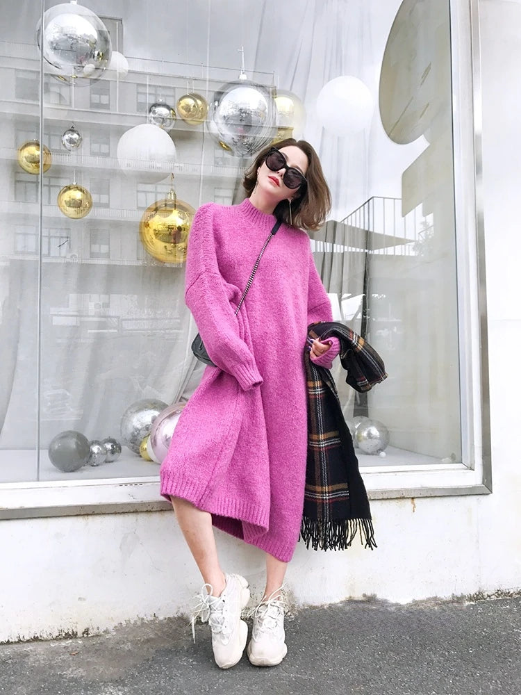 Winter Women Dress Fall Sweater Women Dress Long Sleeve Knitted Dresses Maxi Vintage Oversize Dresses Knitting Thick Warm Purple