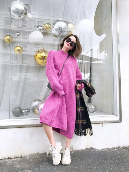 Winter Women Dress Fall Sweater Women Dress Long Sleeve Knitted Dresses Maxi Vintage Oversize Dresses Knitting Thick Warm Purple