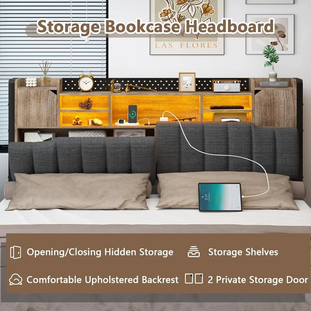 Queen Bed Frame with Storage Bookcase Headboard & LED Lights,Upholstered Bed Frame with USBCharging Station,No Box Spring Needed