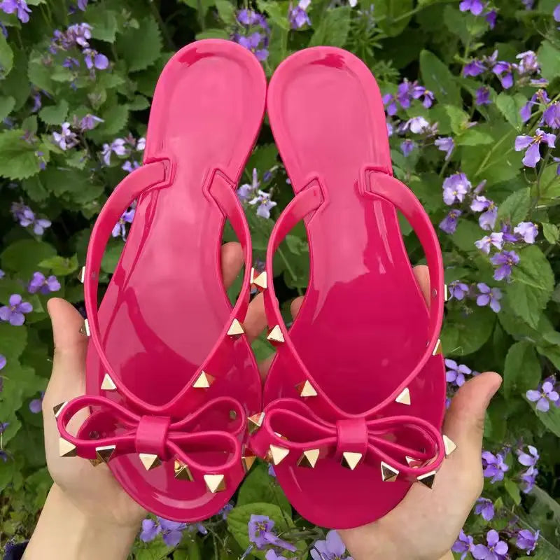 Slippers Hot Sale Fashion Women Flip Flops Summer Shoe Cool Beach Rivet Big Bow Flat Sandals Jelly Shoes Sandal Girls Size 36-42