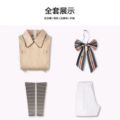 EtherealBe M3GAN cosplay costume for kids includes a beige dress, striped bow, and striped leggings