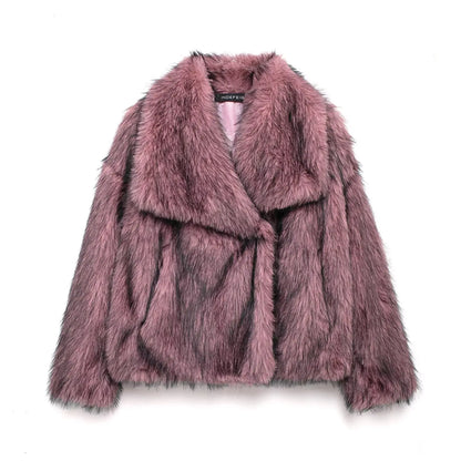 HH Winter Women Elegant Warm Plush Coat Turn-Down Collar Thick Cardigan Coat Female Pocket Long Sleeve Short Outerwear Mujer