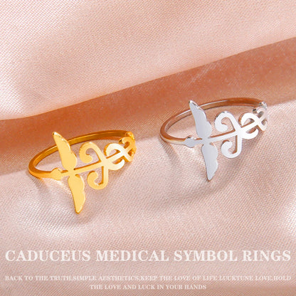 Lucktune Caduceus Medical Symbol Rings Women Stainless Steel Snake Bind Wing Finger Ring Vintage Jewelry Gift for Doctor Nurse