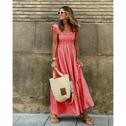 Elegant Plaid Slip Maxi Long Dress Summer Women Strapless Ruffle Backless Pleated Elastic Waist Boho Party Swing Loose Dresses