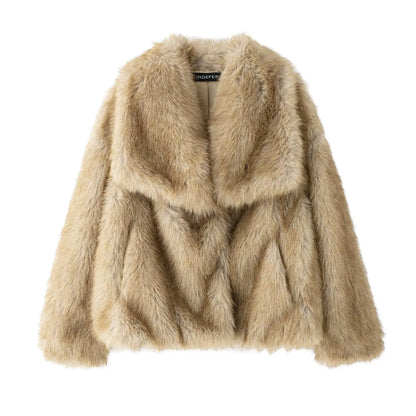 HH Winter Women Elegant Warm Plush Coat Turn-Down Collar Thick Cardigan Coat Female Pocket Long Sleeve Short Outerwear Mujer