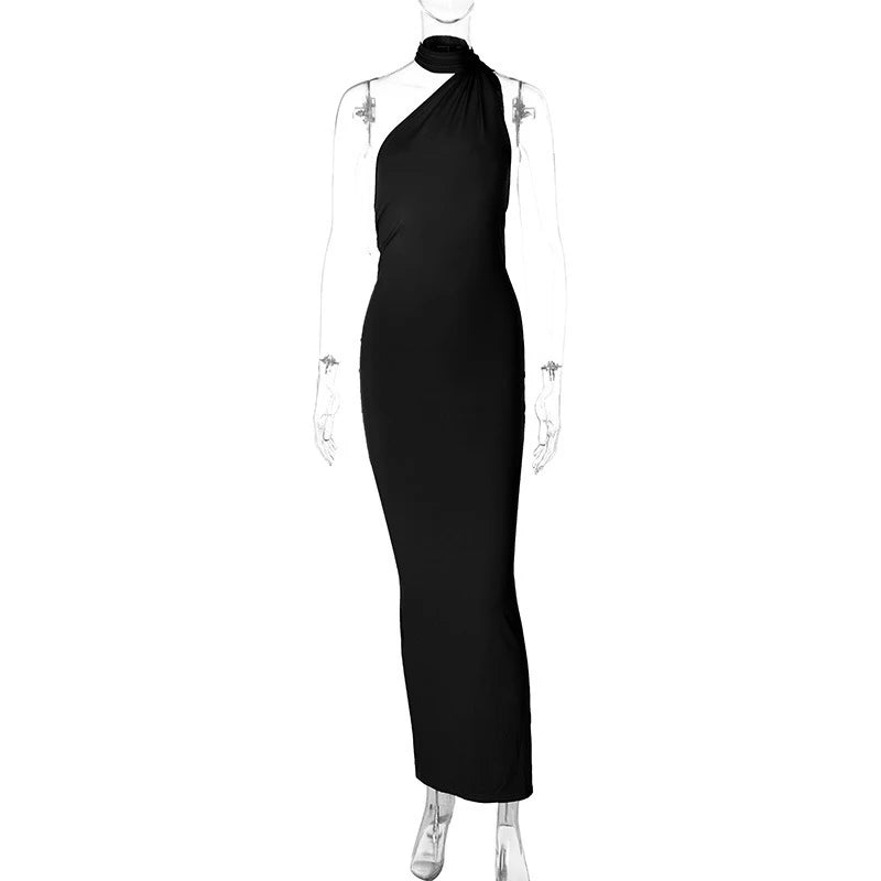 Hugcitar One Shoulder Backless Adjustable Scarf Loop Ruched Sexy Maxi Dress 2025 Women Elegant Y2K Streetwear Festival Outfit