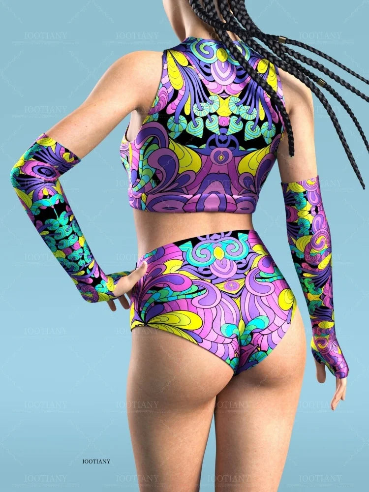 Adult Sleeveless Multicolor Role Play Bodysuit Swimsuit Women Sexy Hollow Off Shoulder Graffiti Art Bodycon Performance Costume