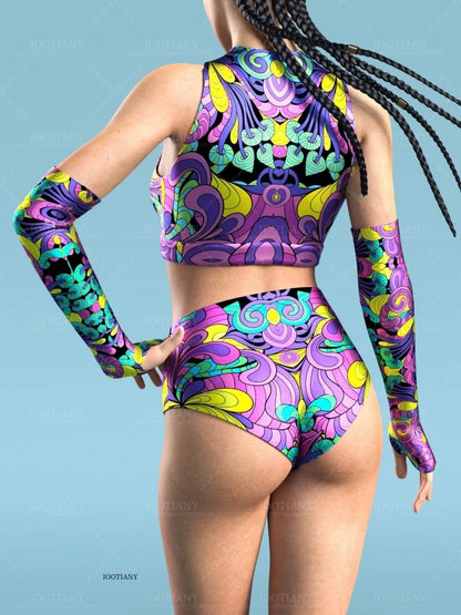 Adult Sleeveless Multicolor Role Play Bodysuit Swimsuit Women Sexy Hollow Off Shoulder Graffiti Art Bodycon Performance Costume