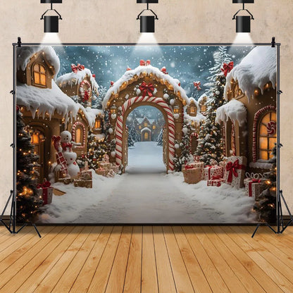North Pole Christmas Backdrop Winter Village Town Xmas Tree Snowman Photography Background Family Xmas Eve Party Decor Banner