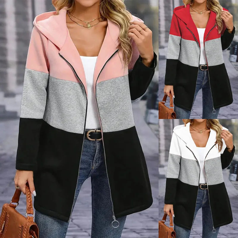 Autumn and Winter Women's Clothing Casual and Fashionable Contrasting Three-color Spliced Hooded Jacket Women's Clothing
