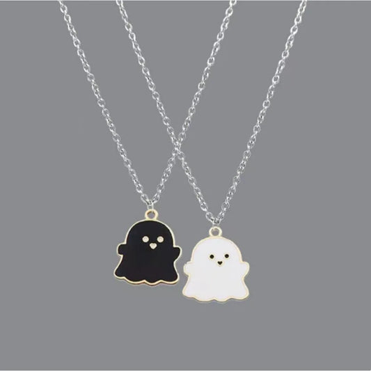EtherealBe Halloween ghost pendant necklace featuring a black and white ghost design on silver chains