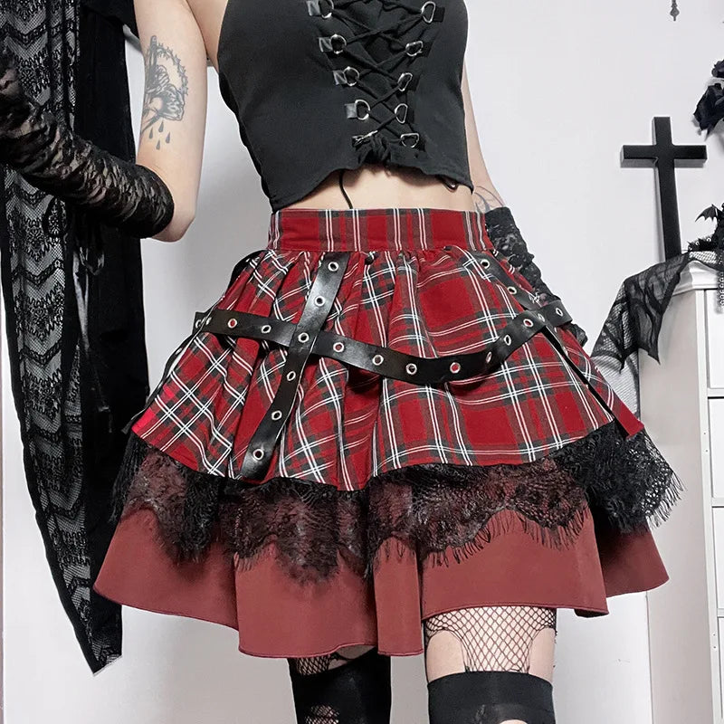 plus Size Gothic Harajuku Plaid Pleated Skirt Y2K Lolita Sweet Lace Mini Punk Kawaii Cosplay Costume Girls Clothing