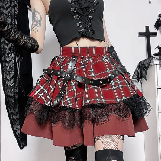 plus Size Gothic Harajuku Plaid Pleated Skirt Y2K Lolita Sweet Lace Mini Punk Kawaii Cosplay Costume Girls Clothing