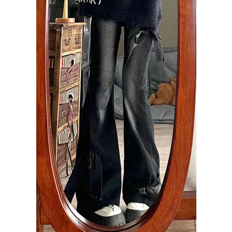 Women's Black Gothic Bow Flare Jeans Harajuku Aesthetic Y2k Denim Trousers High Waist Cowboy Pants Vintage 2000s Trashy Clothes
