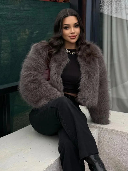 HH Women Winter Fashion Artificial Fur Effect Short Jacket Coats Female O-Neck Vintage Long Sleeve Loose Warm Top Streetwear