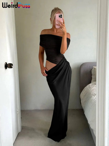 Weird Puss Ruched Irregular Dress Women Mesh Patchwork Slash Neck Short Sleeve Skinny Stretch Trend Elegant Long Bodycon Outfits