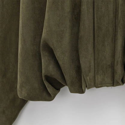 2025 Women Faux Suede Collared Jacket with Shoulder Straps Loose Fit Stylish Olive Green for Sale on