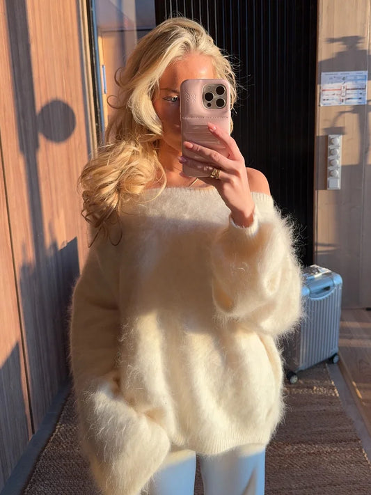 Fluffy Mohair Off Shoulder Cropped Sweater Oversize Slouchy Long Sleeve 2025 Autumn Cozy Women Knit Top Trendy Sweet Lady Jumper